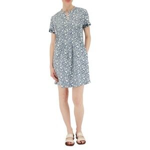 Faherty Brand Gemina Indigo Floral Linen Dress Blue White Size Large EUC